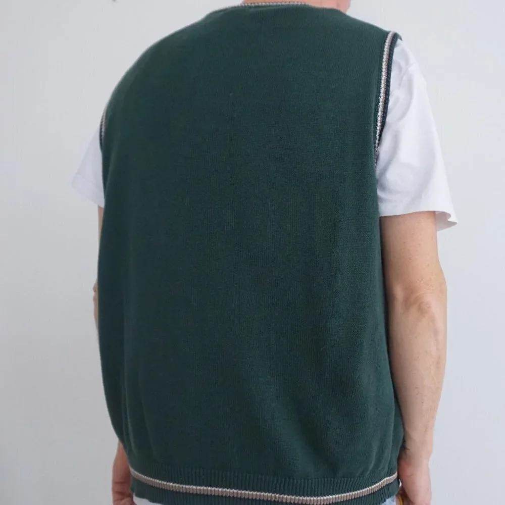 Vintage 90s Steve Strickland fairway sportswear green cotton knit v-neck Vest XL - Picture 2 of 8